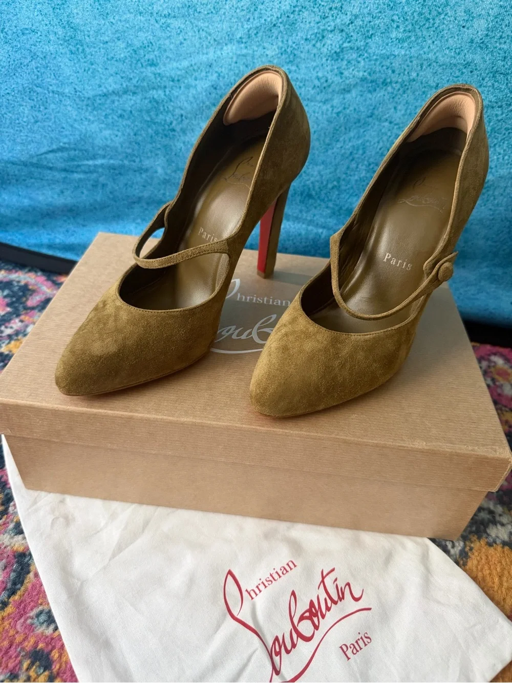 Christian Louboutin Olive Green Suede Mary Jane Pumps